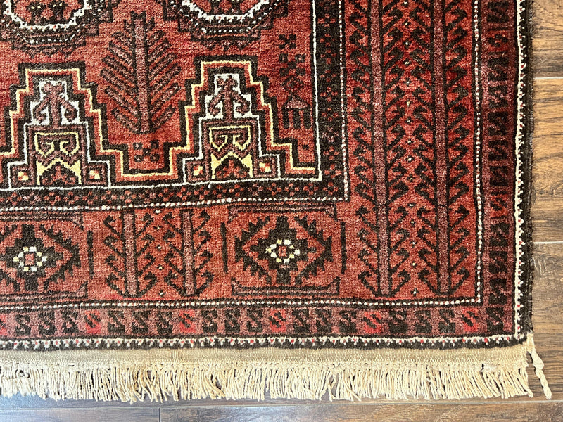Antique Persian Turkoman Rug 3x6, Wool Tribal Handmade Carpet, Red and Black by Jewel Rugs