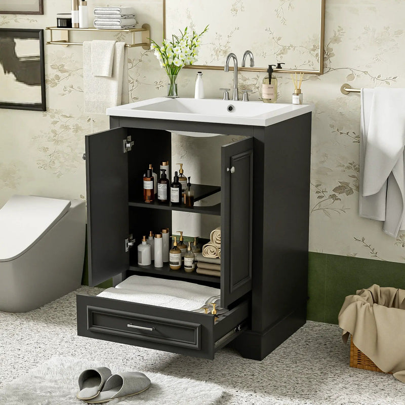Bathroom Vanity With Ceramic Sink Combo, Modern Freestanding Storage Cabinet With Silver Handles by HouseOfZazla