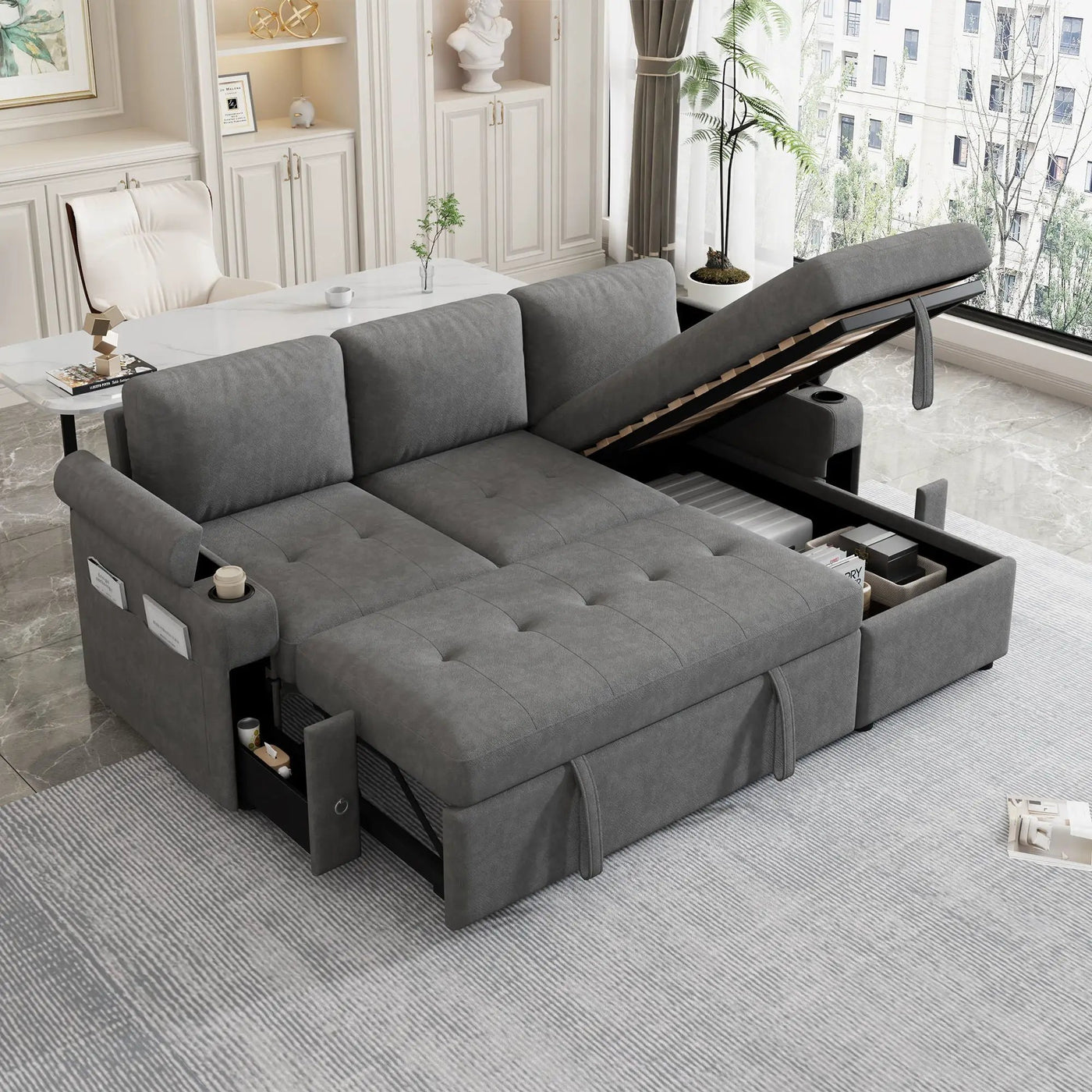 Convertible L Shaped Sofa Couch With Storage, Cup Holders, USB Ports by Unique Piece Furniture