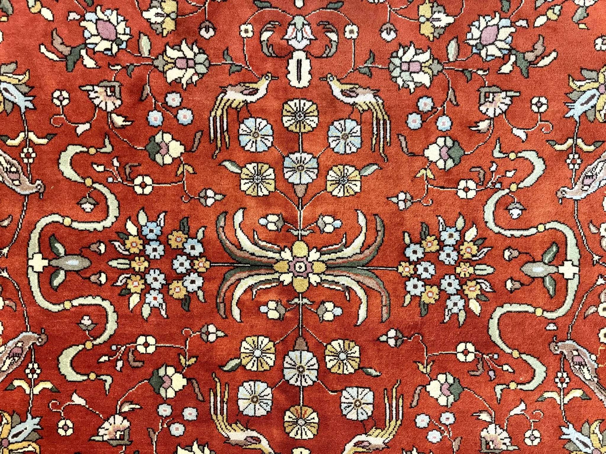 Romanian Rug 10x13, Vintage Handmade Wool Carpet, Floral Pattern, Birds, Red and Cream, Signed By Masterweaver, Persian Rug by Jewel Rugs
