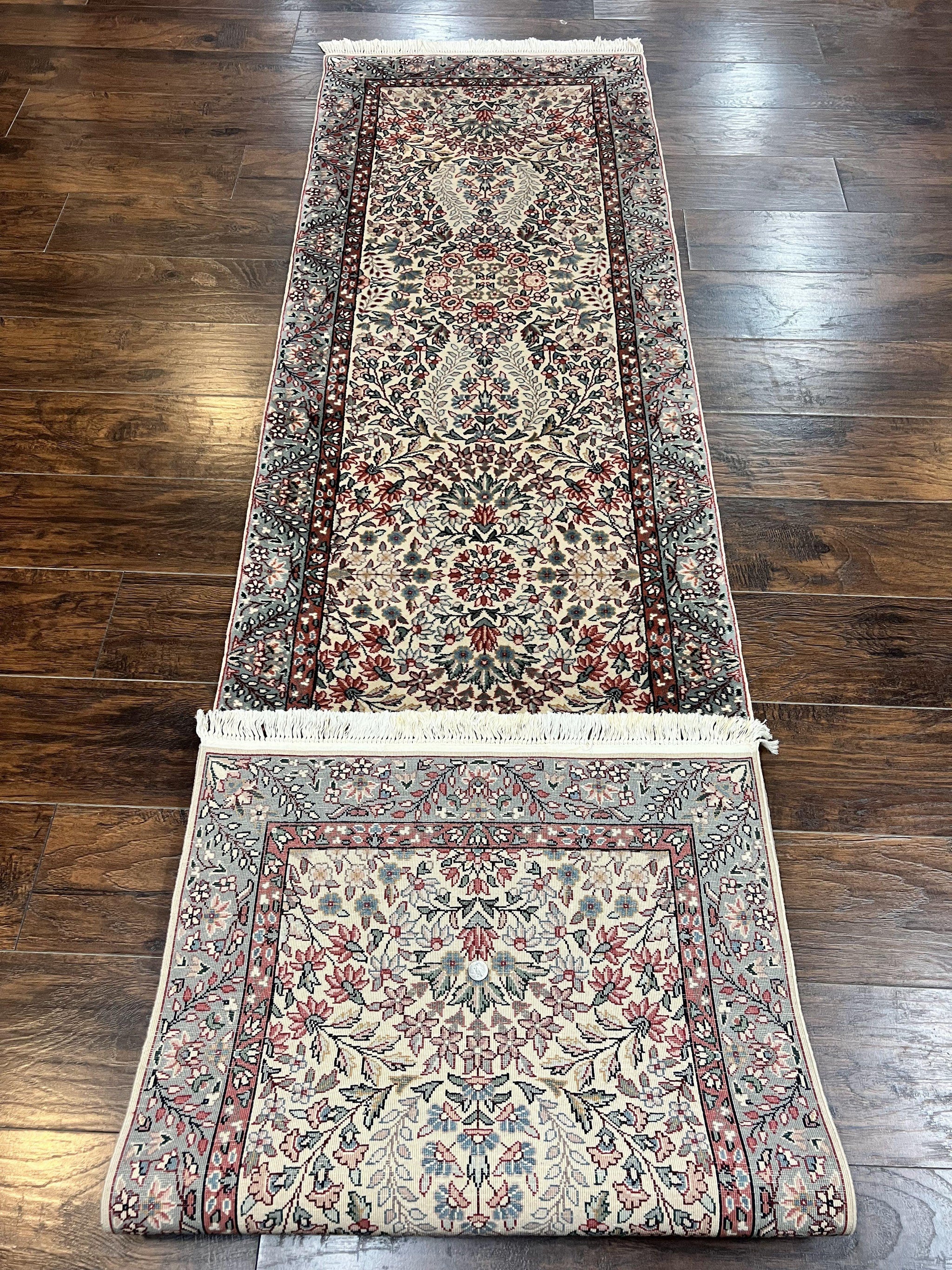 Sino Persian Runner Rug 2.7 x 10, Floral Kirman Lavar Carpet for Hallway, Cream, Handmade Wool Vintage Rug by Jewel Rugs