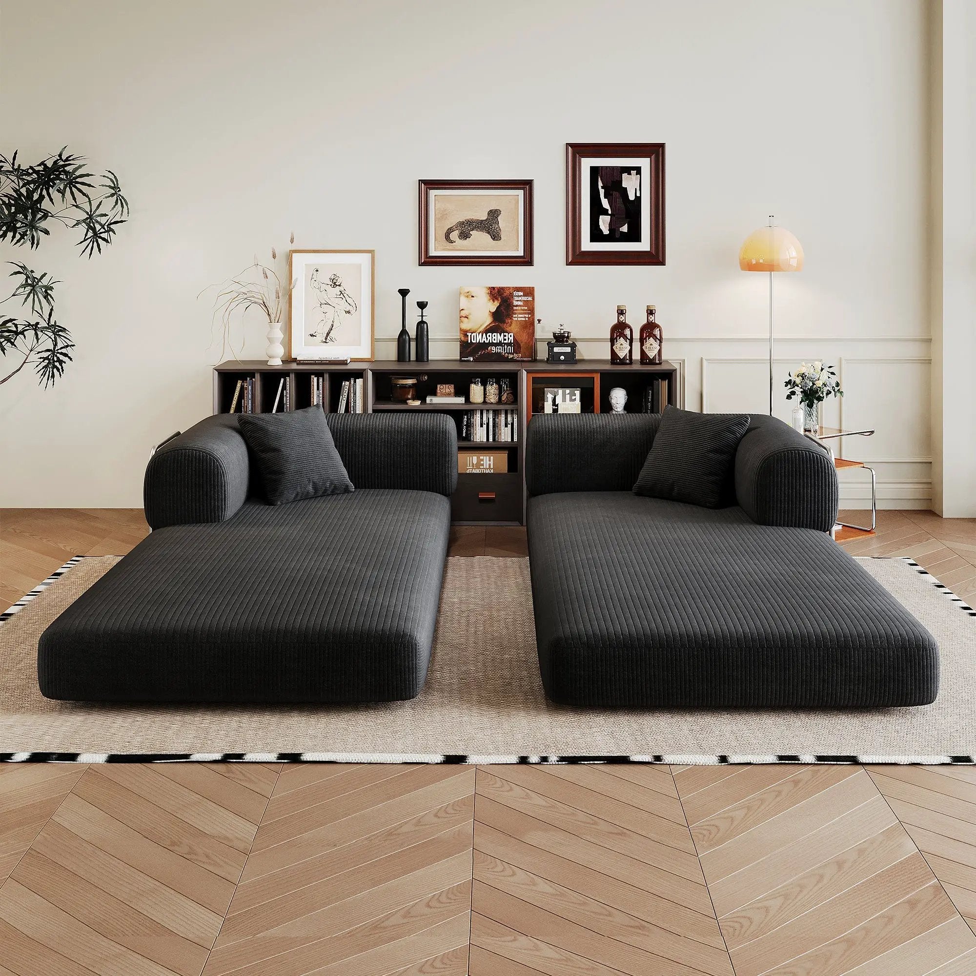 78.8' Compression Sofa,Convertible Floor Sofa Bed-with Pillow Back Support Armrest,Comfy Futon Couch Sleeper Bed,Loveseats Boneless Modular Sectional Sofa,Corduroy fabric,for Living Room,Bedroom,Black by HouseOfZazla