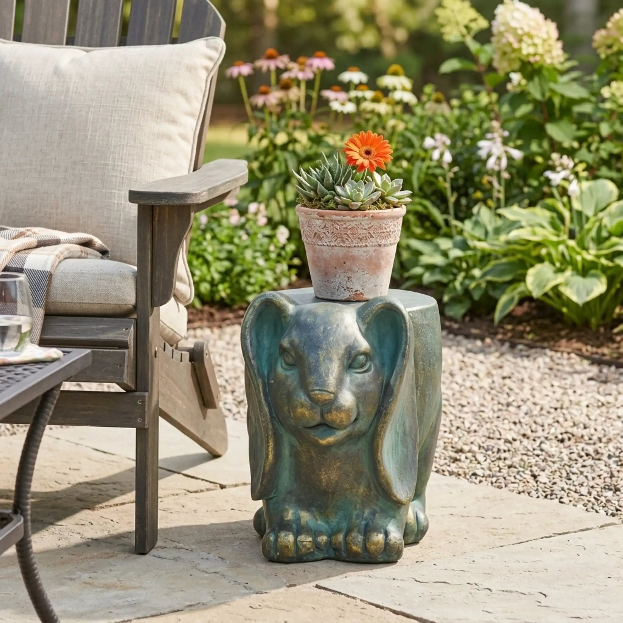 13inch High Rabbit Garden Stool, Lightweight Concrete, Gold Patina Finish, No Assembly Required by HouseOfZazla