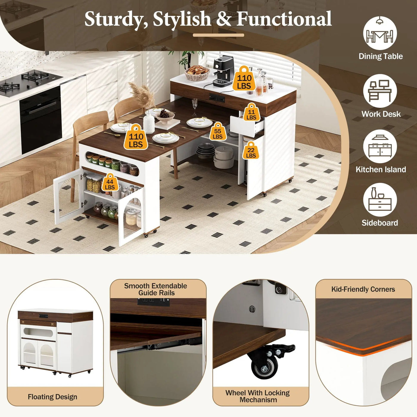 Extendable Dining Table With Folding Top, Rolling Kitchen Island With Drawers And Power Outlet by Unique Piece Furniture