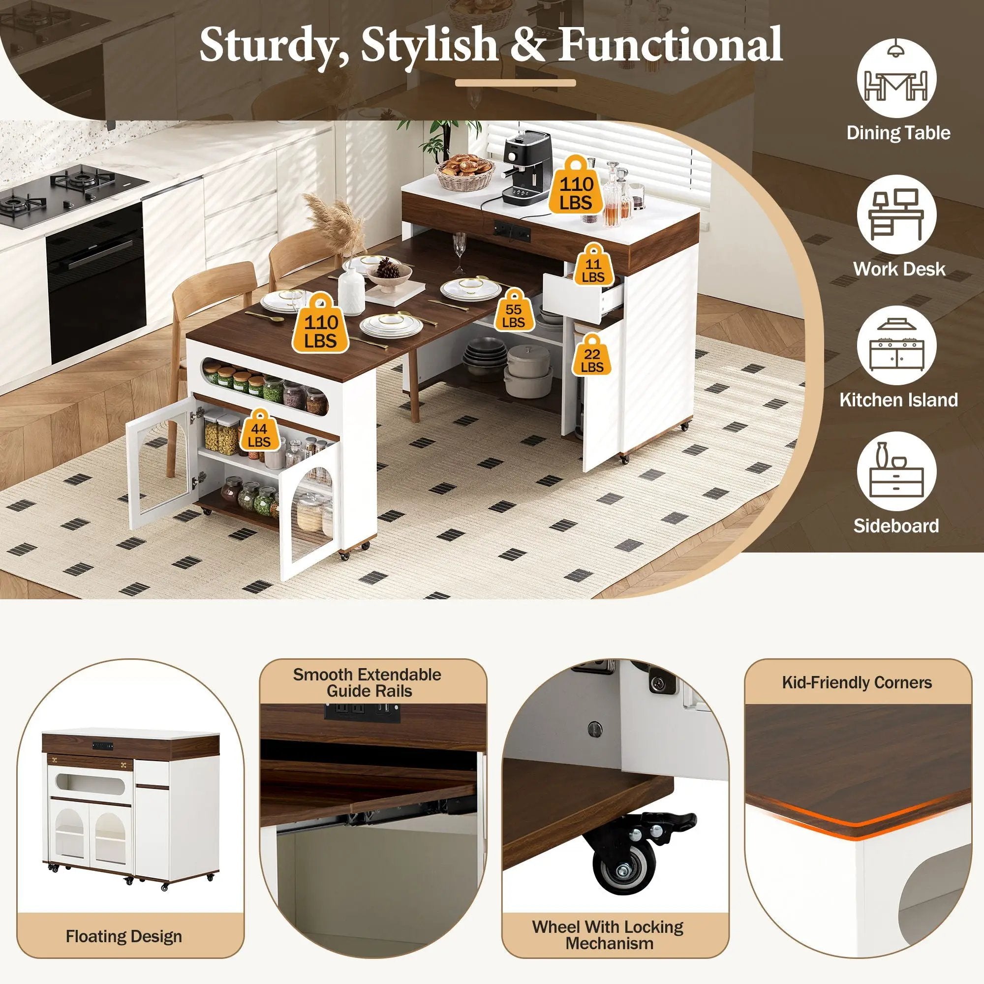 Extendable Dining Table With Folding Top, Rolling Kitchen Island With Drawers And Power Outlet by Unique Piece Furniture