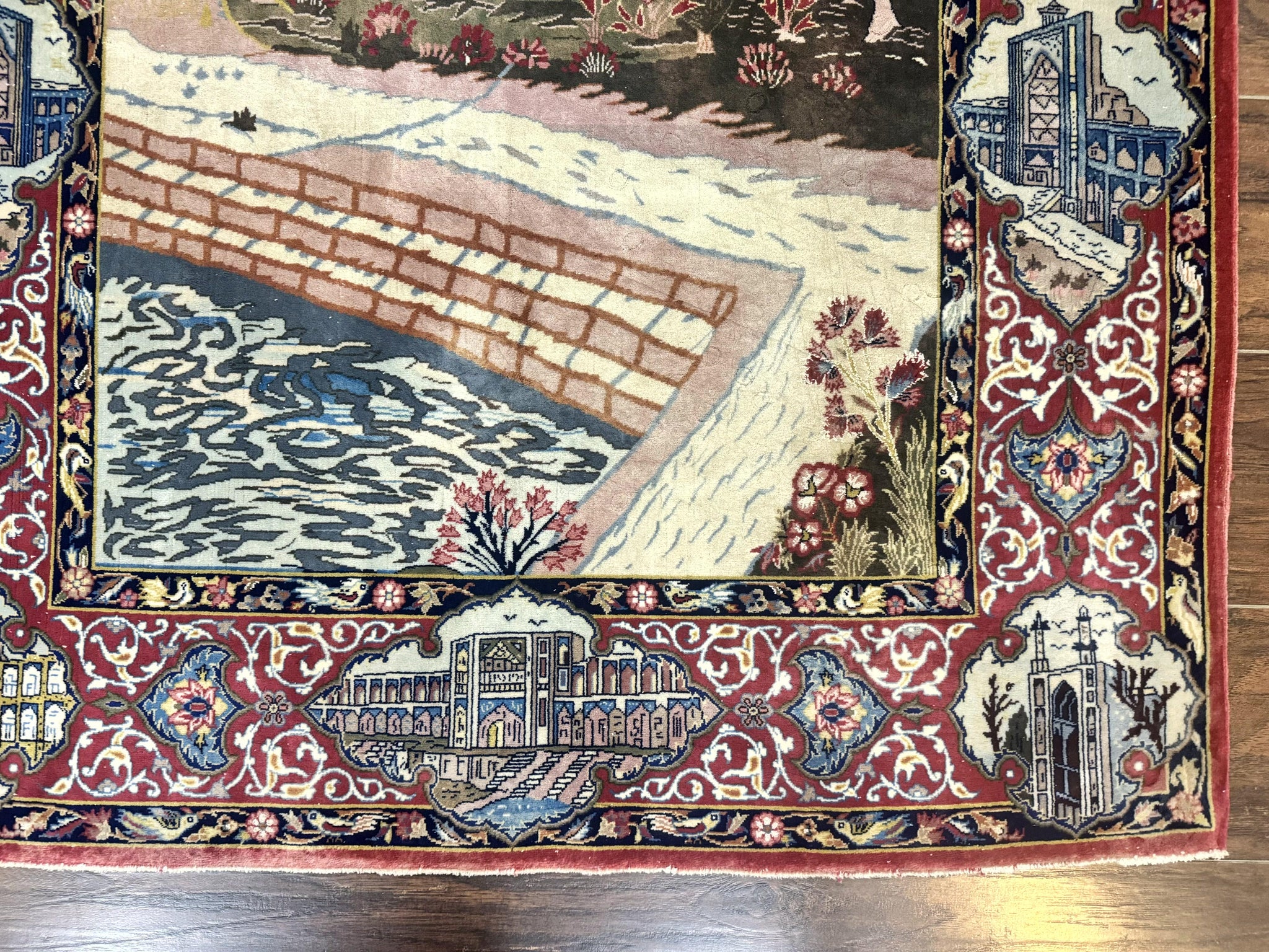 Persian Isfahan Pictorial Rug 3.6 x 5.7, Very Fine 400 KPSI, Historical Buildings, Signed By Masterweaver, Handmade by Jewel Rugs