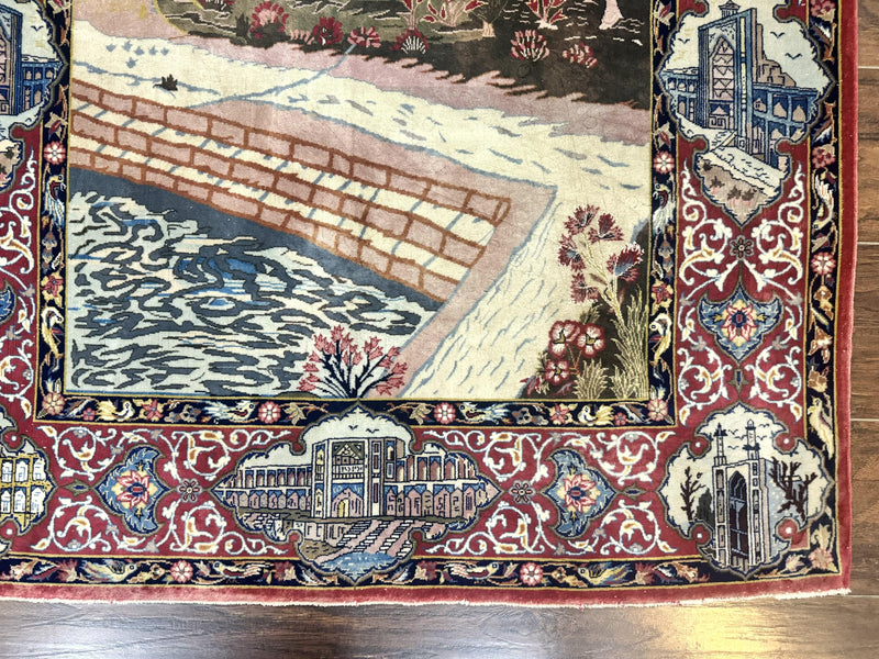 Persian Isfahan Pictorial Rug 3.6 x 5.7, Very Fine 400 KPSI, Historical Buildings, Signed By Masterweaver, Handmade by Jewel Rugs