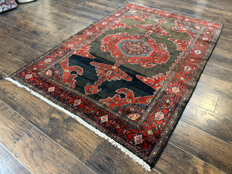 Antique Persian Tribal Rug 5x7, Geometric Wool Carpet, Kurdish Senneh Rug by Jewel Rugs