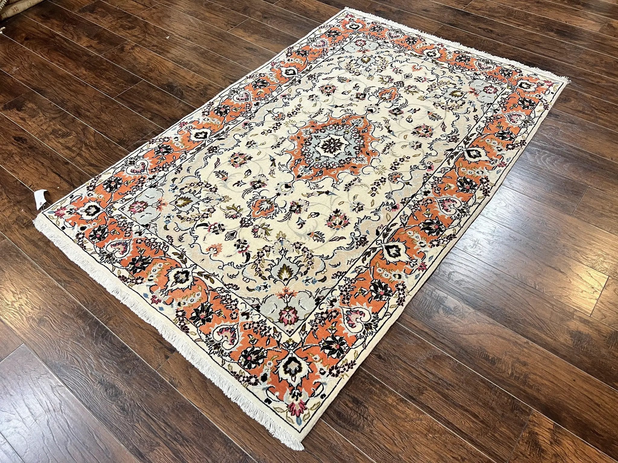 Persian Tabriz Rug 4.5 x 6.8, Finely Hand Knotted Wool with Silk Highlights Vintage Oriental Carpet, Cream and Salmon, High KPSI, Floral Medallion by Jewel Rugs