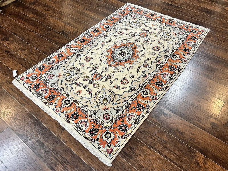 Persian Tabriz Rug 4.5 x 6.8, Finely Hand Knotted Wool with Silk Highlights Vintage Oriental Carpet, Cream and Salmon, High KPSI, Floral Medallion by Jewel Rugs