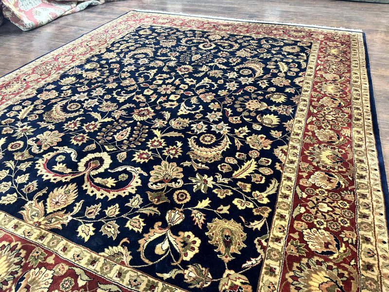 Indo Persian Rug 8x10, Navy Blue and Red, Floral Allover, Hand Knotted Vintage Wool Carpet, Indo Sarouk by Jewel Rugs