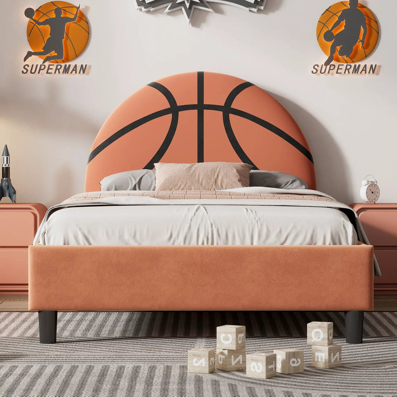 Basketball Design Upholstered Twin Platform Bed Sport Style Bed For Boys & Girls, Teens - Orange by HouseOfZazla