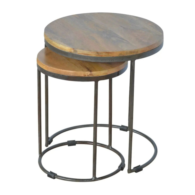 Round Stool Table With Iron Base (Set of 2) - Brown / Black by HouseOfZazla