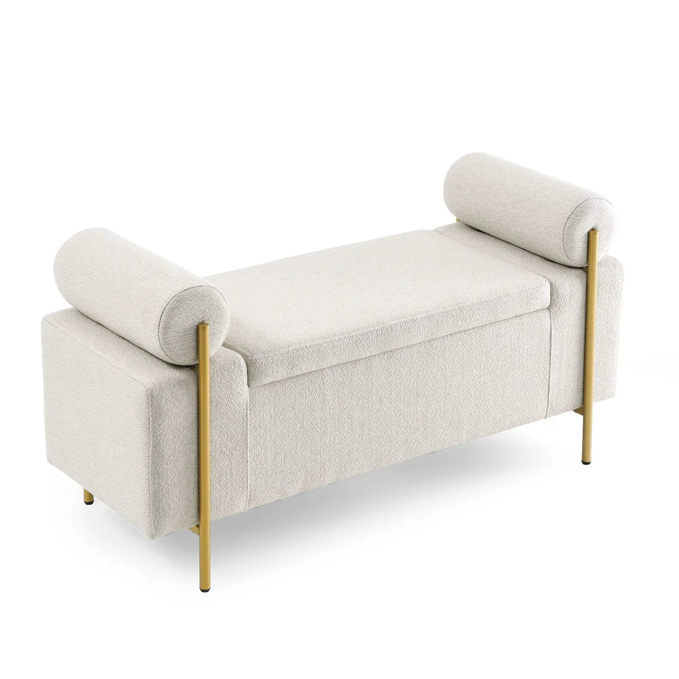 Elegant Upholstered Storage Bench With Cylindrical Arms And Iron Legs, by Unique Piece Furniture
