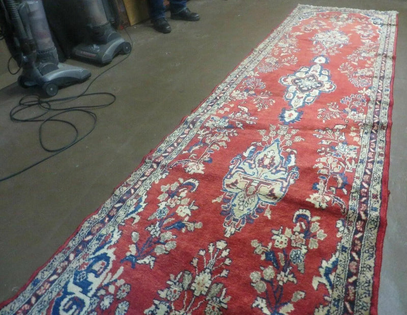Persian Runner Rug 3 x 12, Antique Wool Oriental Runner, Floral Vases, Red & Navy Blue by Jewel Rugs