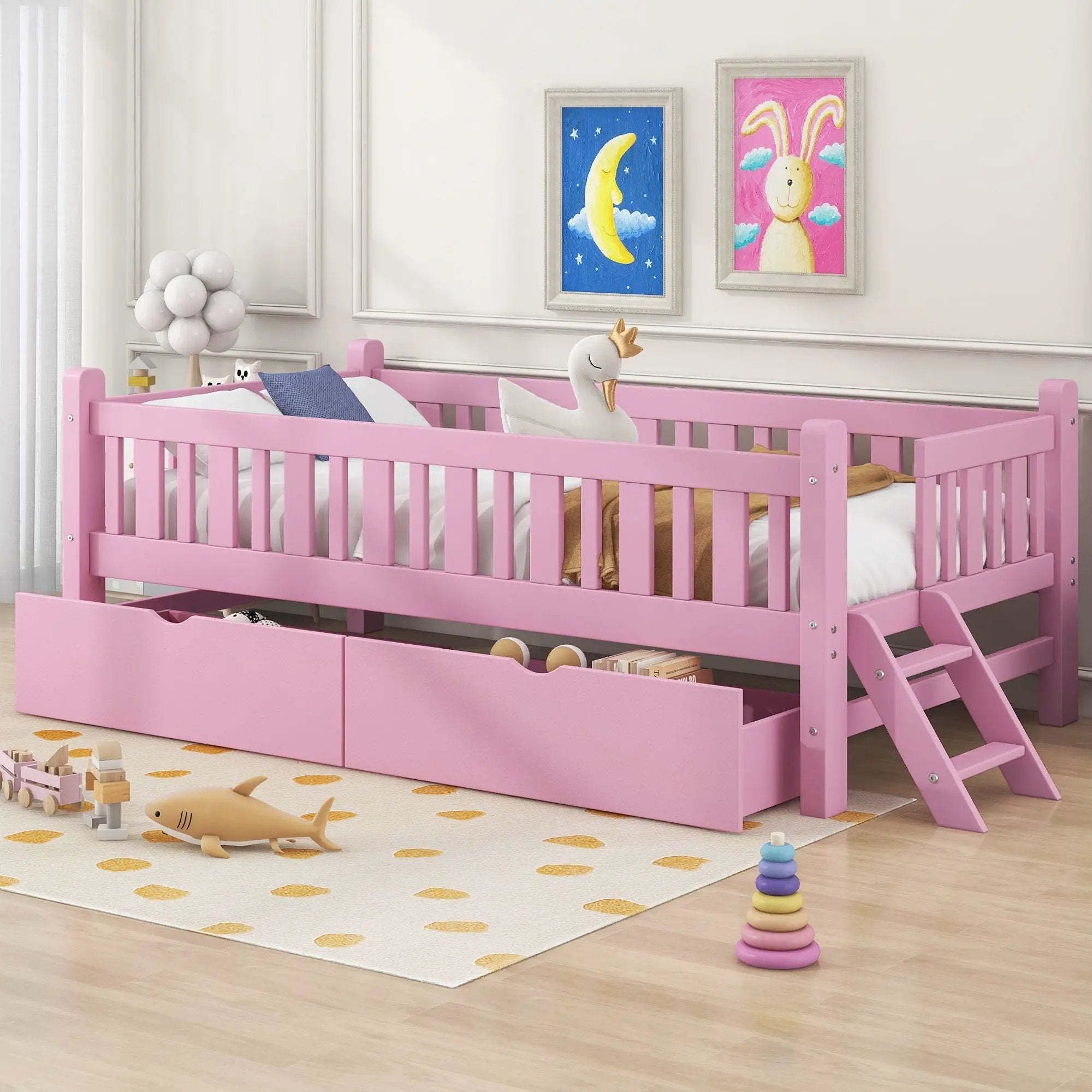 Platform Bed With Guardrail And 2 Drawers