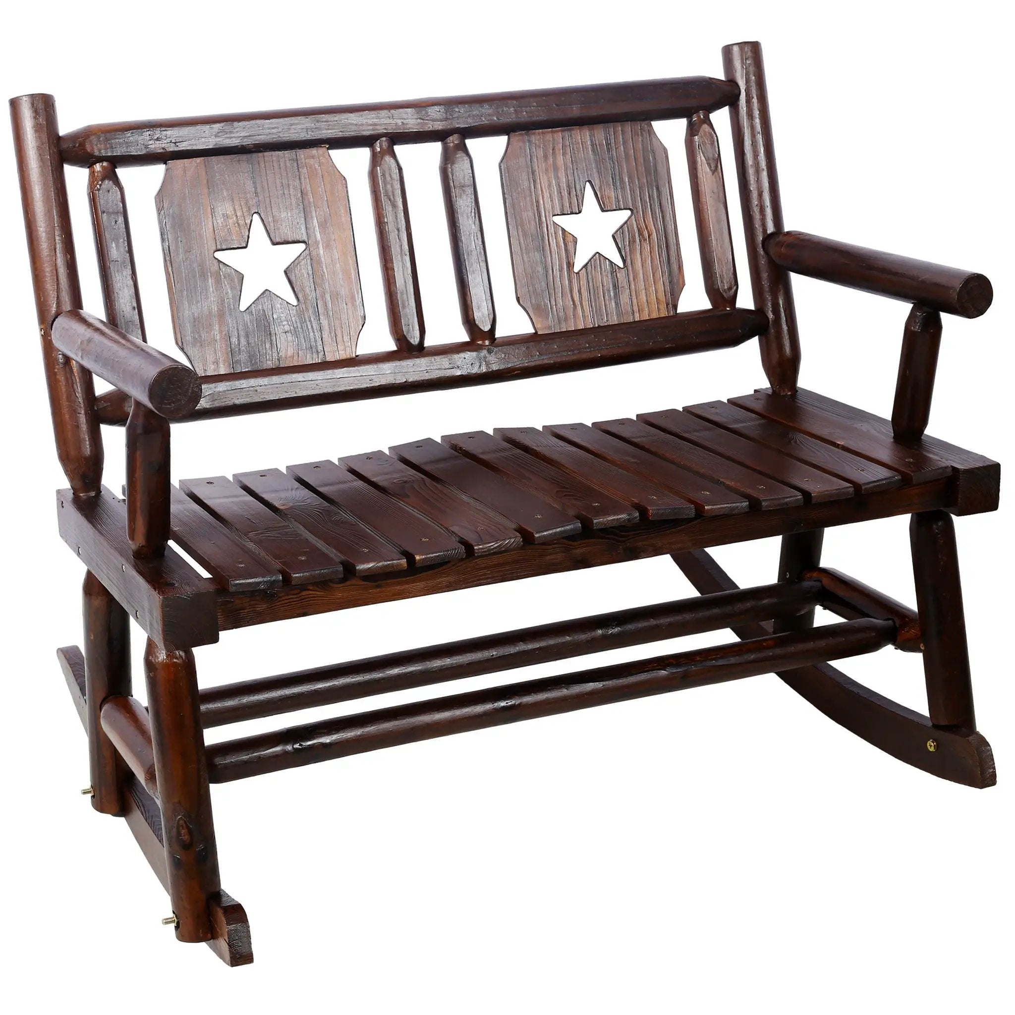 Rustic Outdoor Wood Rocking Bench Double Rocking Chair For 2 Persons With Curved Seat, Porch Rocker - Brown by Unique Piece Furniture