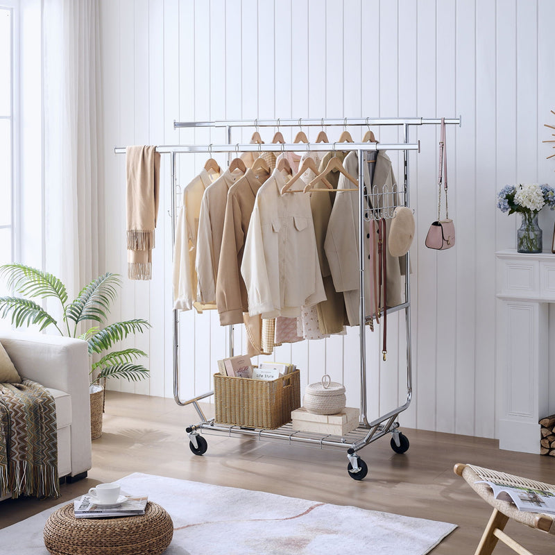 Heavy Duty Double Clothing Garment Rack With Shelves - Silver by HouseOfZazla