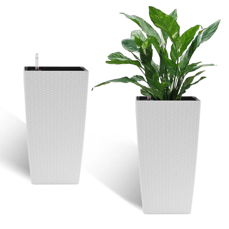 Indoor/Outdoor Modern Faux Rattan Design Square Planter, 22.6 inch White Plastic Large Planter with Automatic Watering System for Home and Garden (White, 22.6 inch - 2 Pack) by HouseOfZazla