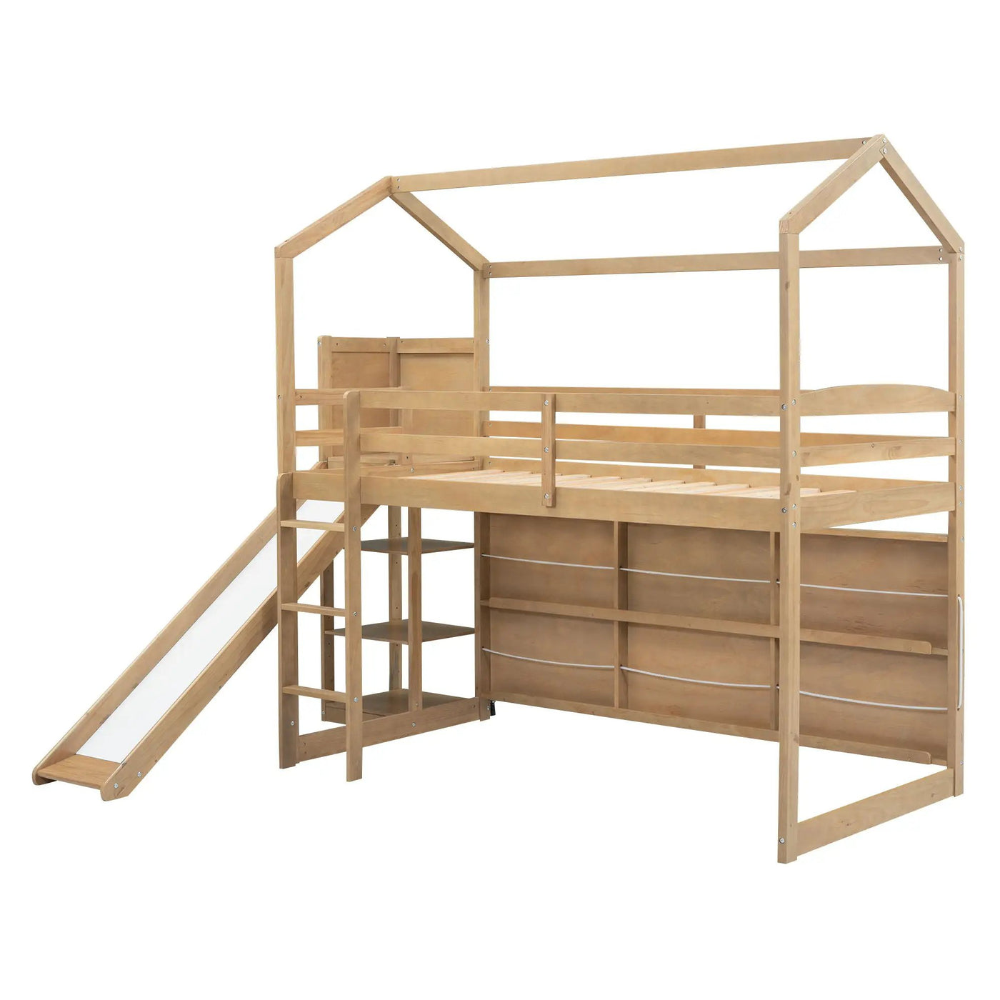 House Loft Bed With Slide, Storage Shelves And Light, Climbing Ramp by HouseOfZazla