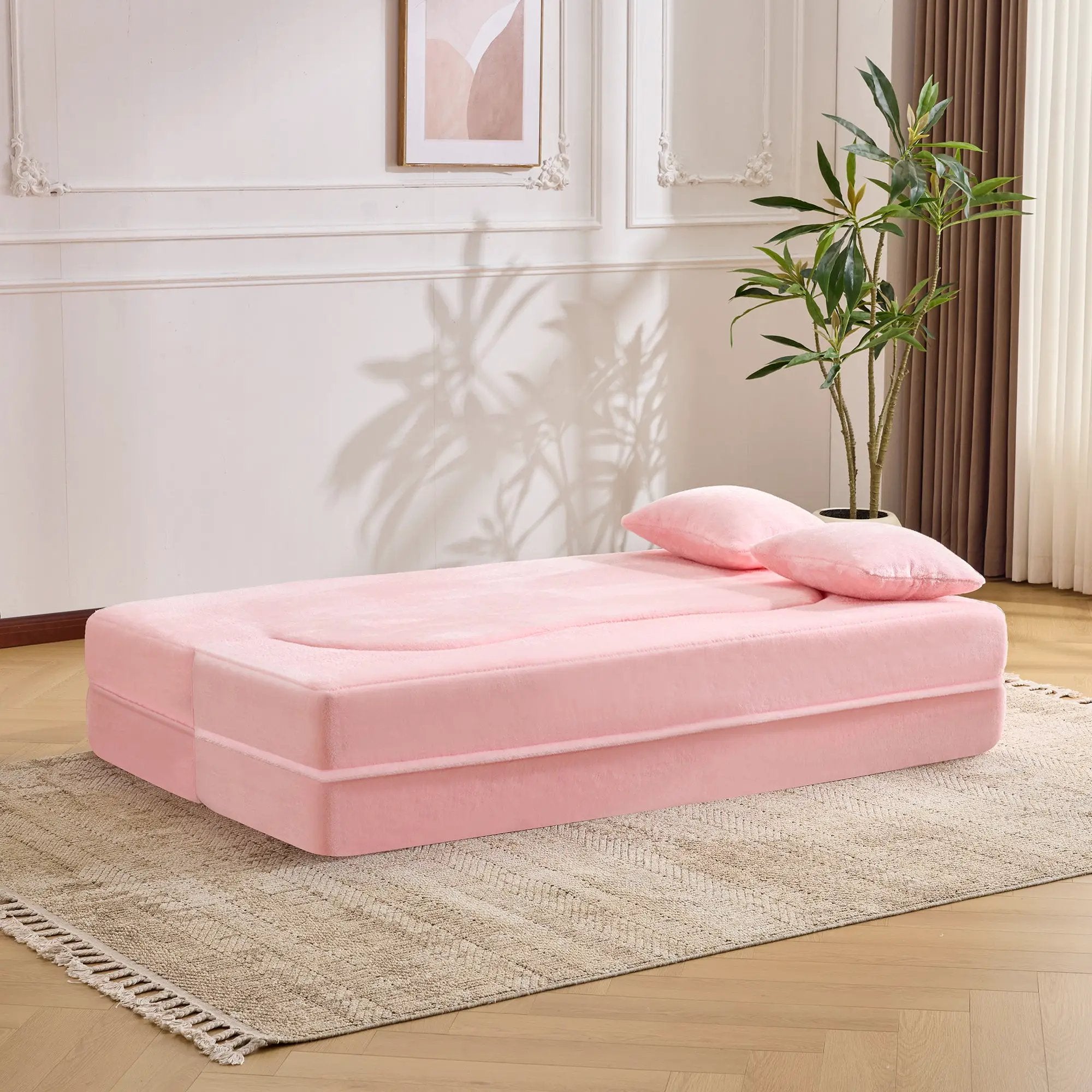 71-Inch Folding Sofa Bed in Pink Chenille with High-Density Foam by HouseOfZazla
