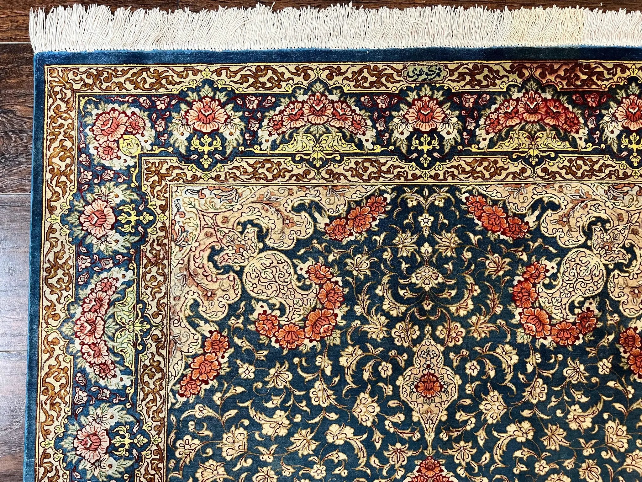 Magnificent Persian Qum Silk Rug 3x5, Blue, Super Fine 675 KPSI - 70 Raj, Floral Roses, Handmade Vintage Silk Carpet, Masterpiece by Jewel Rugs