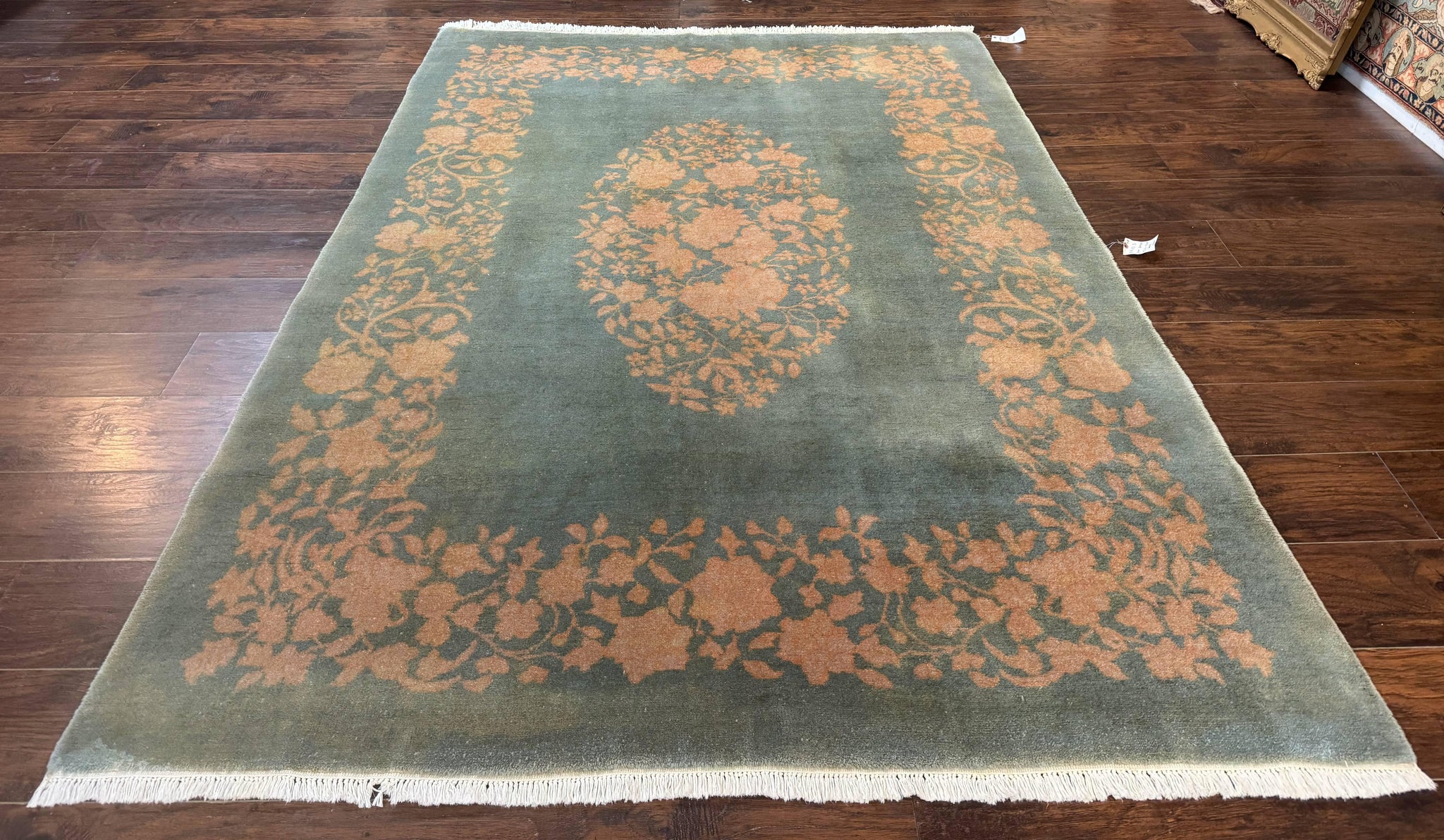 Teal Chinese Wool Rug 6x8, Vintage Handmade Carpet, Floral, Semi Open Field by Jewel Rugs