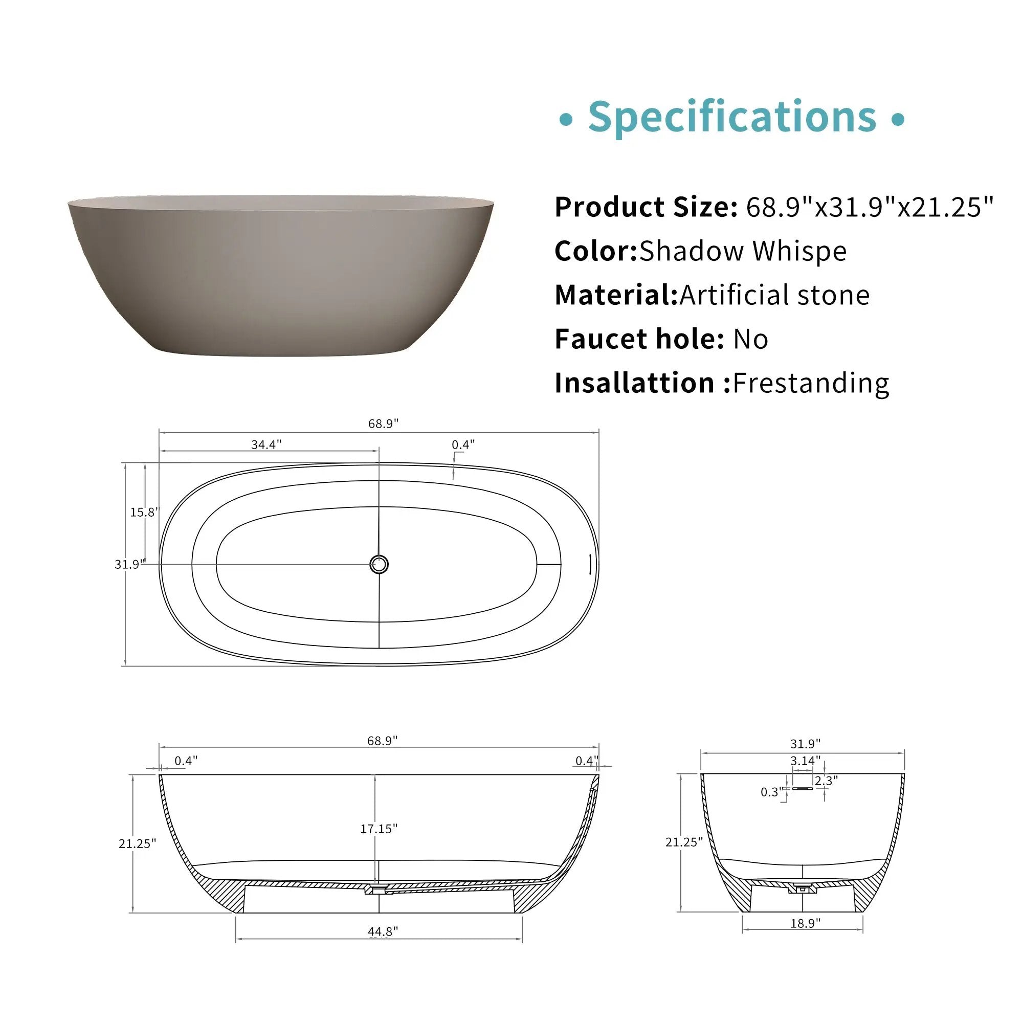 69'' Freestanding Bathtub Resin Stone Soaking Bathtub by HouseOfZazla