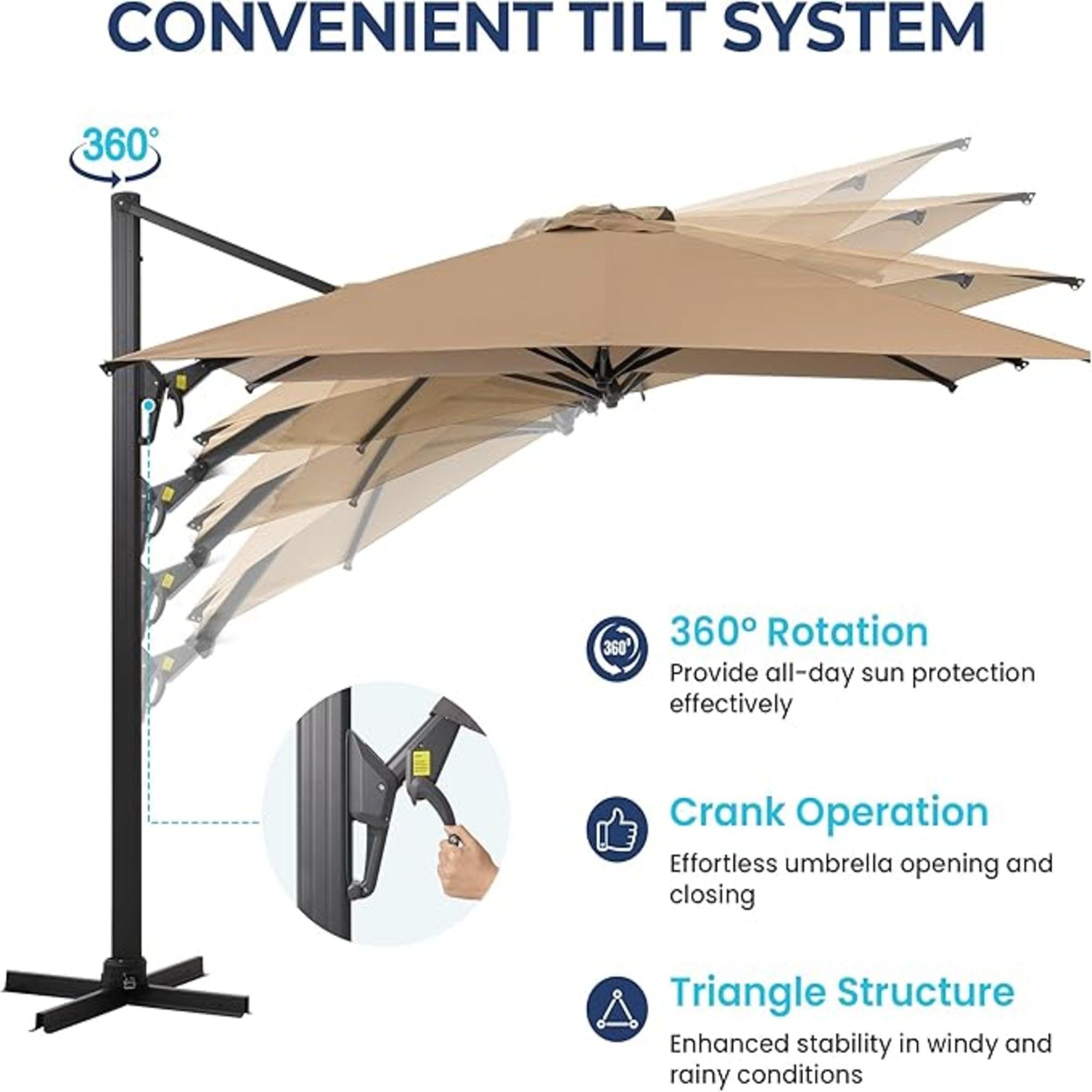 Round Cantilever Patio Umbrella With 360 Rotation & Infinite Tilt Adjustment by HouseOfZazla