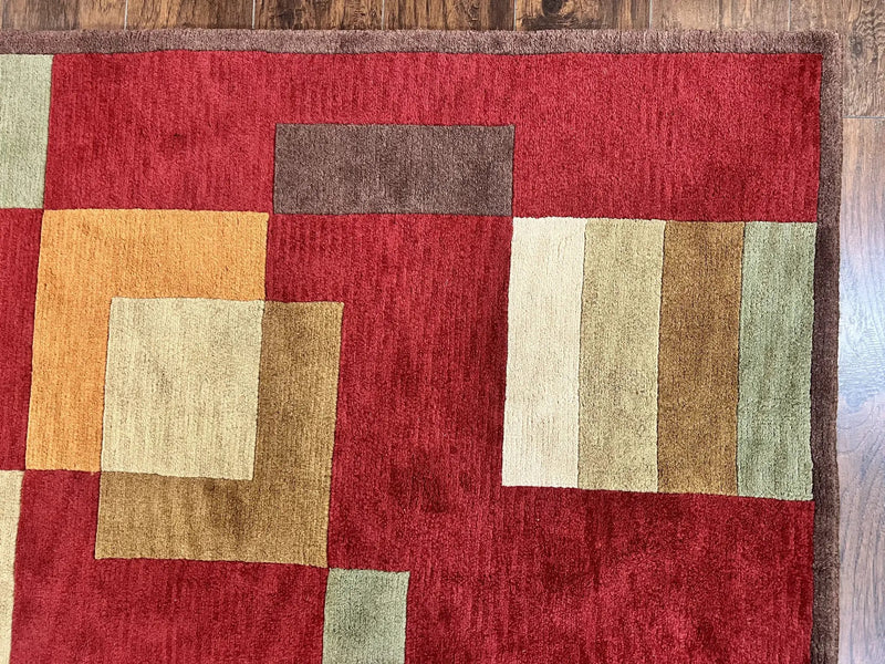 Indo Tibetan Modern Rug 5x8, Abstract Rug 5 x 8 ft, Red Multicolor Wool Handmade Contemporary Area Rug by Jewel Rugs