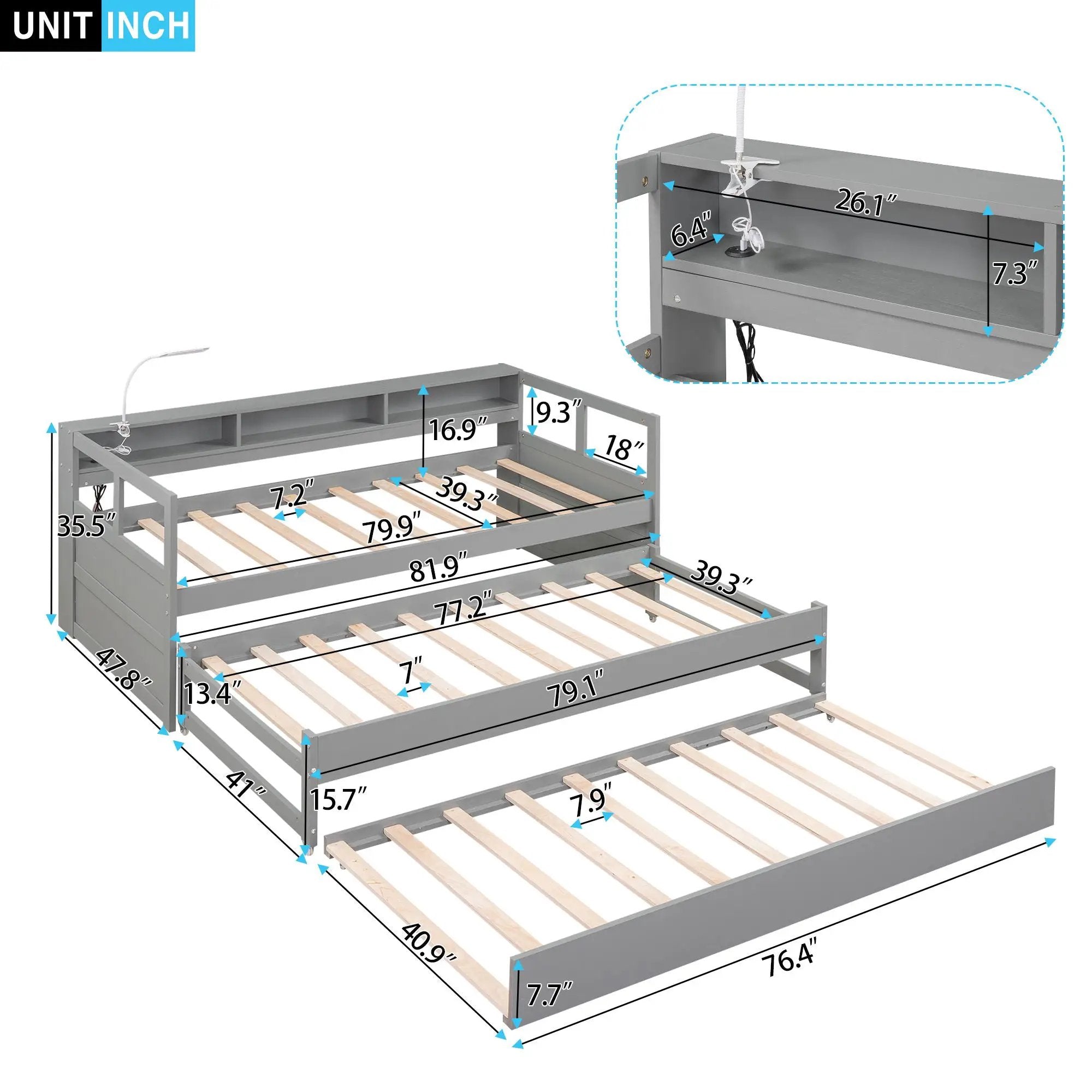 Daybed With 2 Trundles, 3 Storage Cubbies, Built In USB Charging Light by HouseOfZazla