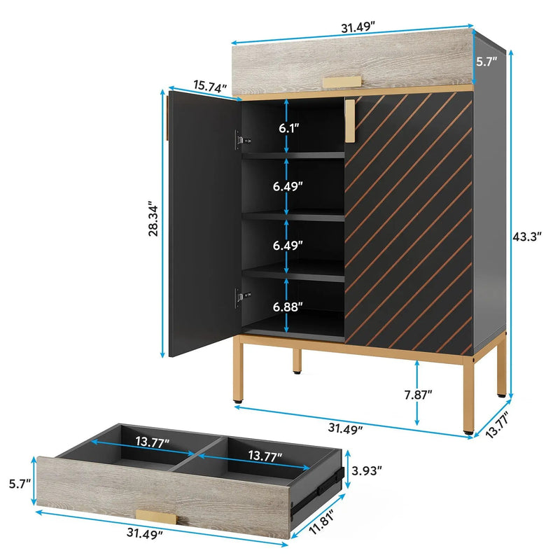 4 Tier Entryway Shoe Cabinet With Doors - Gray / Gold by HouseOfZazla