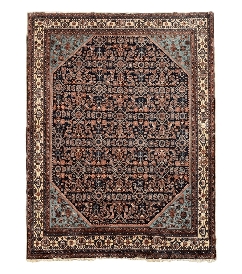 Antique Persian Rug 5 x 6.7, Navy Blue & Ivory, Handmade Persian Wool Carpet, Hamadan Angelas Rug by Jewel Rugs