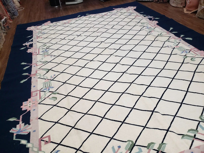 Vintage Dhurrie Rug, Indian Dhurrie 8x11 - 9x11, Wool Hand-Woven Ivory & Black Indo Carpet, Large Flat Weave Rug Living Room Rug Black White by Jewel Rugs
