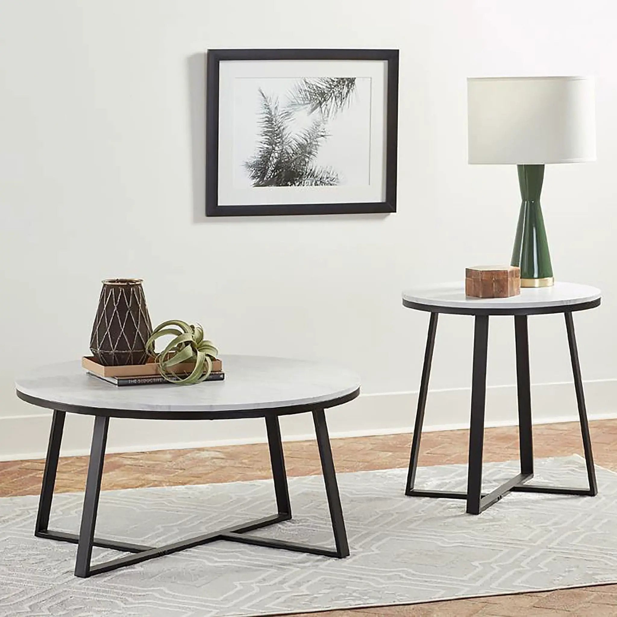 Hugo Round Faux Marble End Table White and Matte Black by Unique Piece Furniture