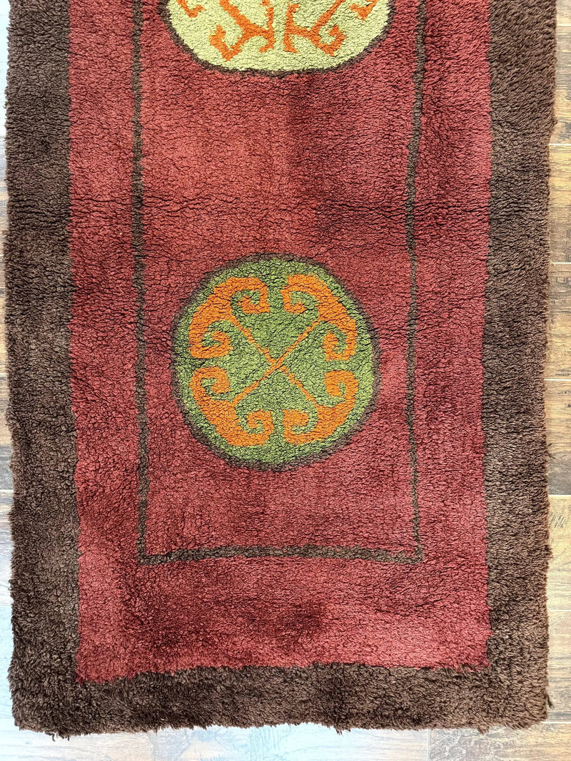 German Hooked Runner Rug 3x8, Vintage, Red, Wool by Jewel Rugs