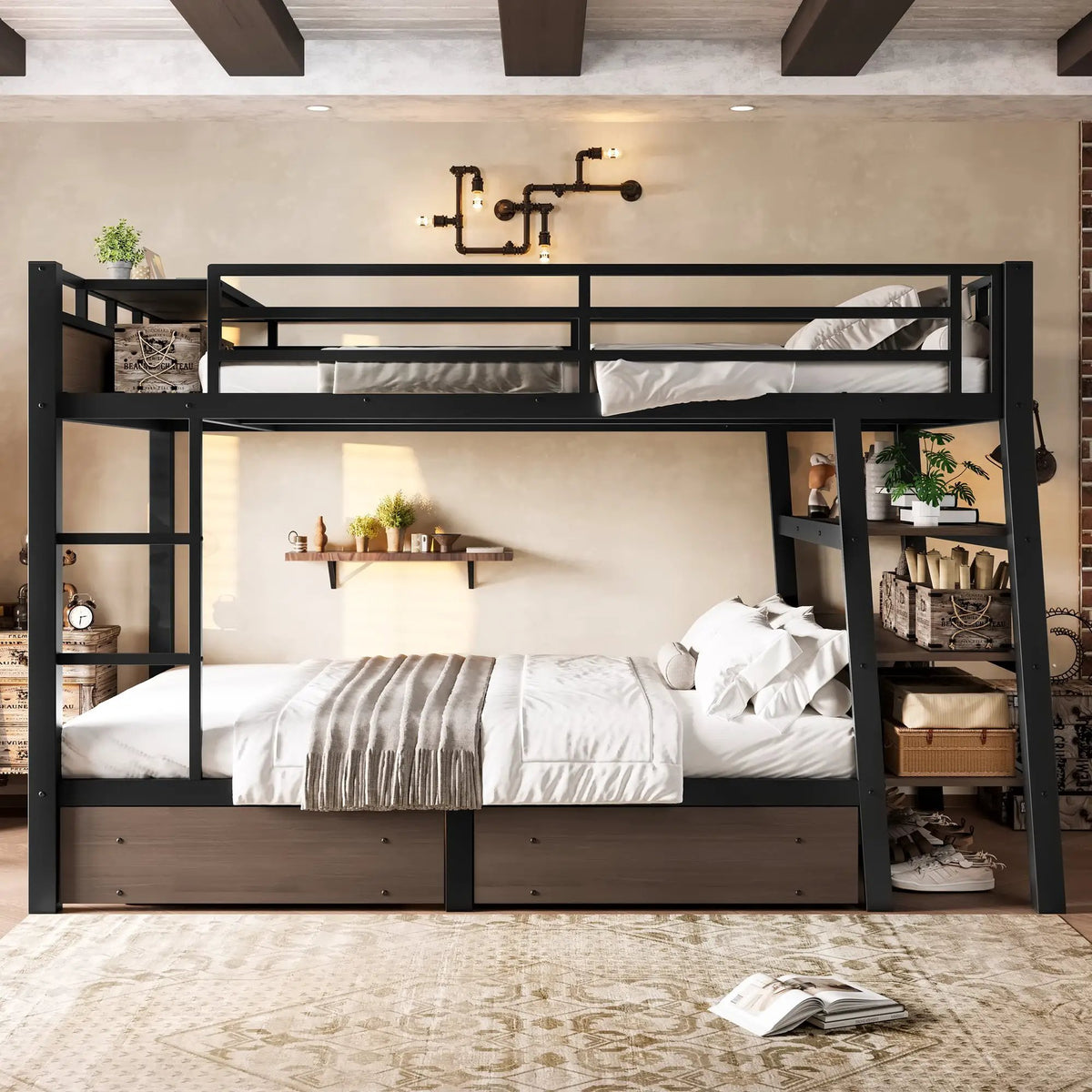 Full Size Metal Bunk Bed with Storage Shelves and USB Power Strip by HouseOfZazla