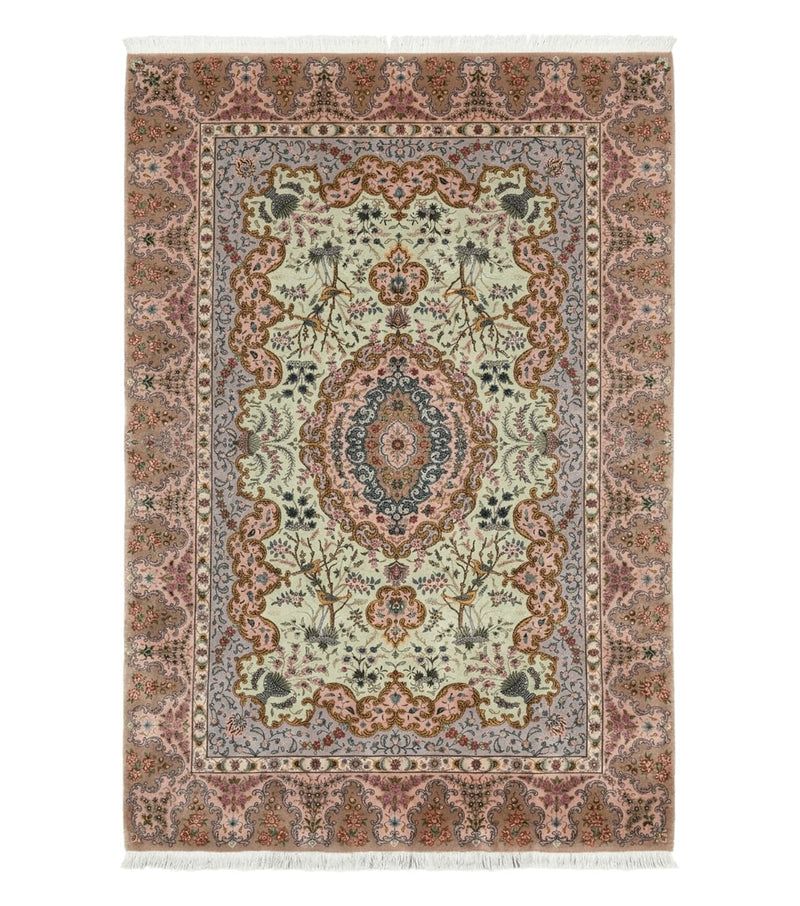 Wonderful Persian Tabriz Rug 7x10, Very Fine 330 KPSI, Light Green Light Blue Pink, Kork Wool Silk Foundation, Bird Pictorials by Jewel Rugs