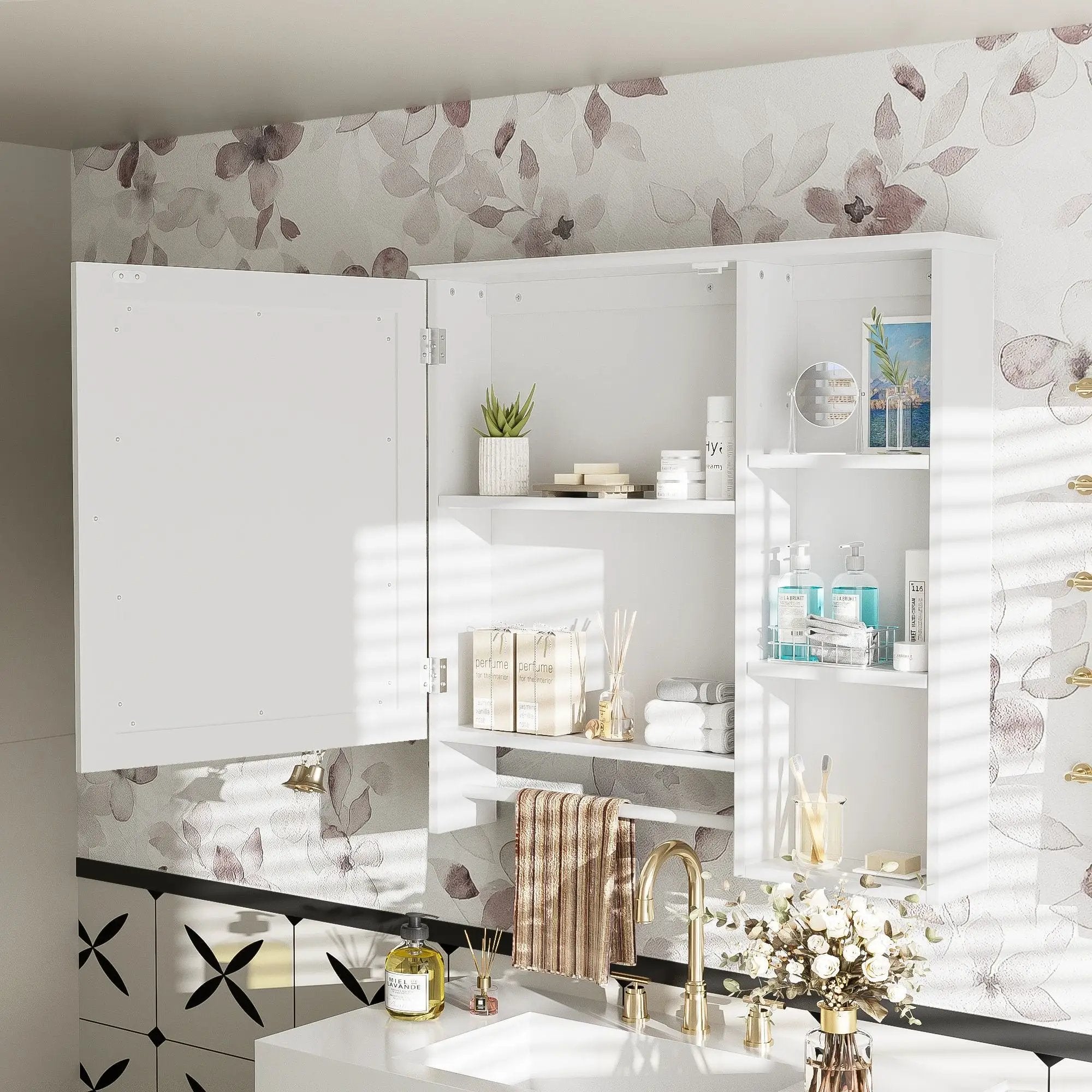 Wall Mounted Bathroom Storage Cabinet, Medicine Cabinets With Large Mirror Door, Adjustable Shelves And Three Open Storage Levels(Not Include Bathroom Vanity) by Unique Piece Furniture