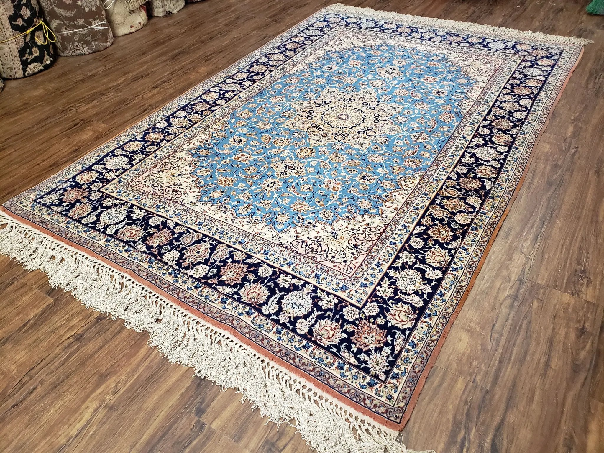 Persian Isfahan Rug, Kork Wool on Silk Foundation, Sky Blue, Hand-Knotted, 5' 1" x 7' 8" by Jewel Rugs