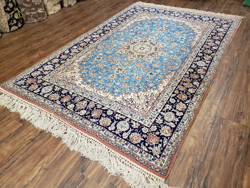 Persian Isfahan Rug, Kork Wool on Silk Foundation, Sky Blue, Hand-Knotted, 5' 1" x 7' 8" by Jewel Rugs