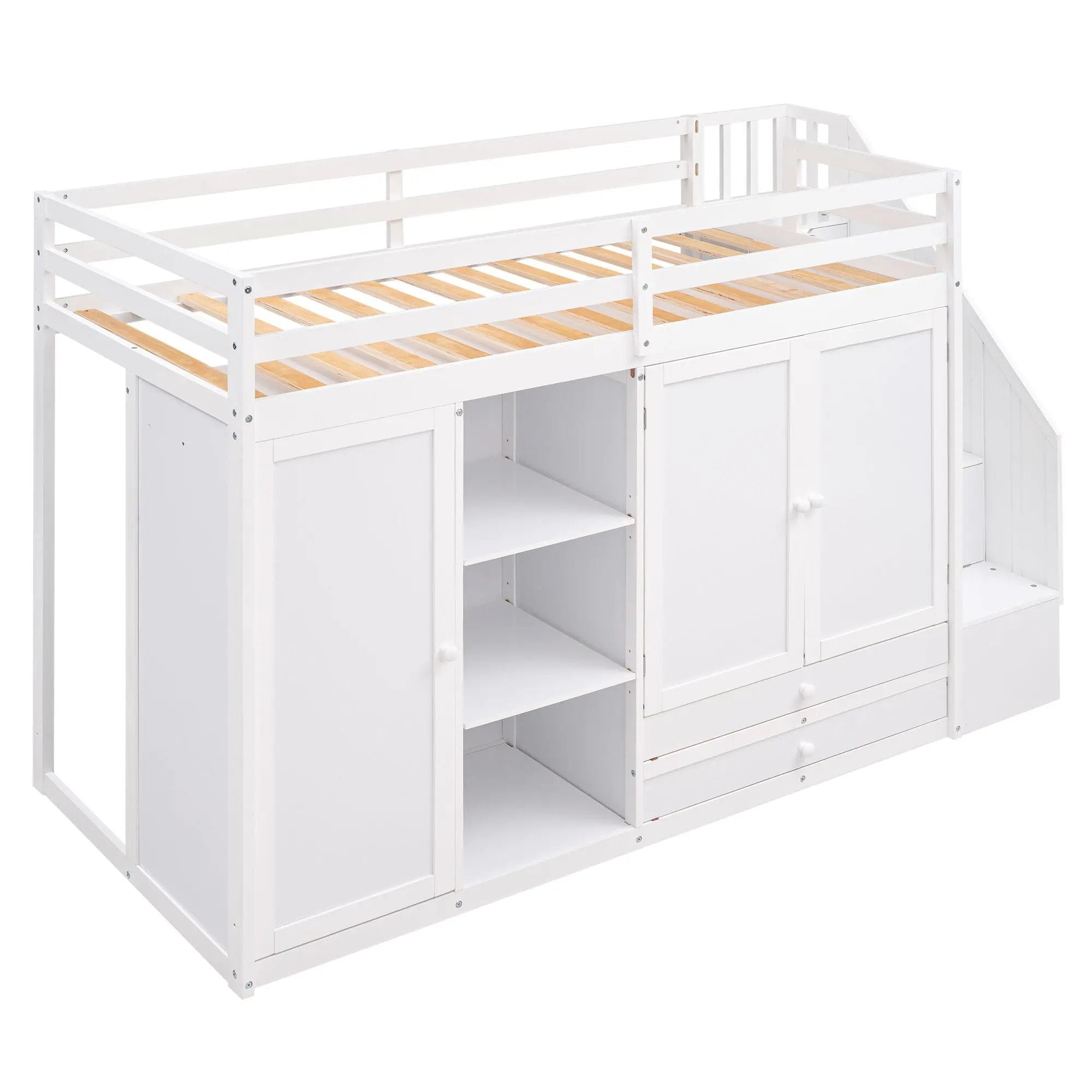 Loft Bed With 3 Shelves, 2 Wardrobes, 2 Drawers, Ladder Storage by HouseOfZazla