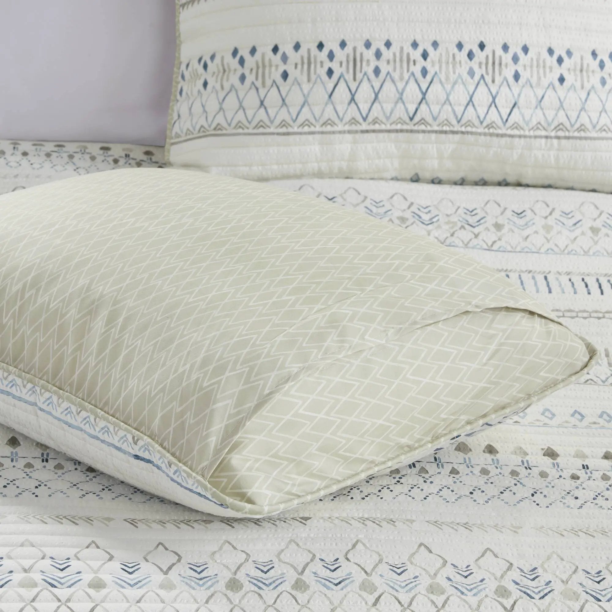 3 Piece Printed Microfiber Seersucker Quilt Set Taupe/Blue Full/Queen by HouseOfZazla