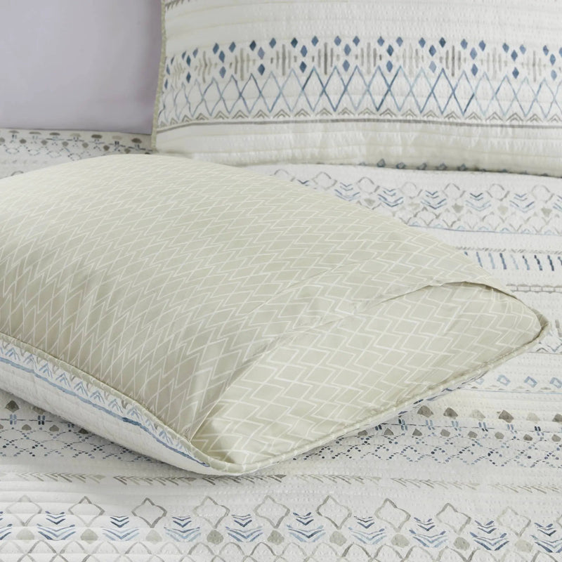 3 Piece Printed Microfiber Seersucker Quilt Set Taupe/Blue Full/Queen by HouseOfZazla
