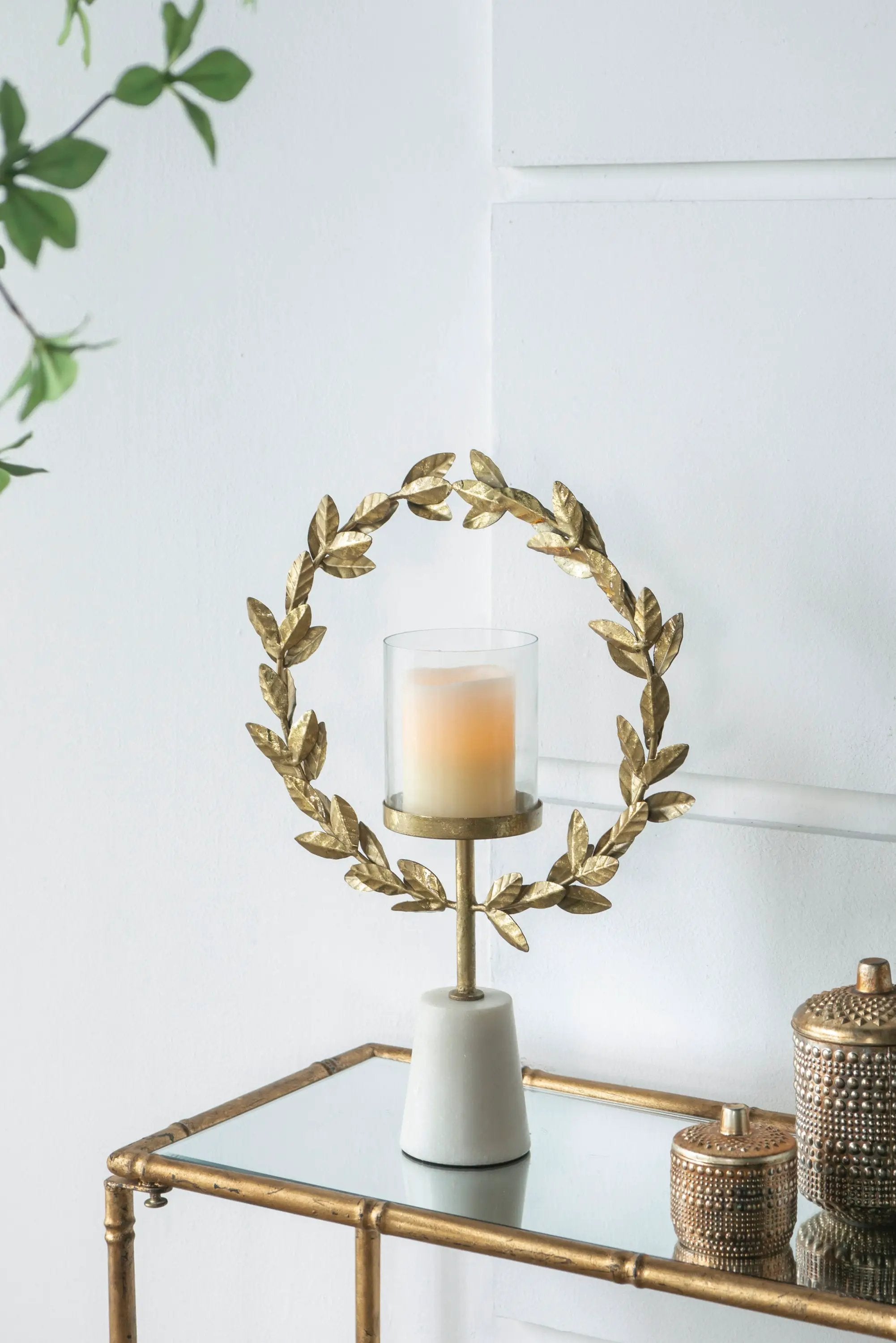 14.2x3.5x19.7" Iron Floral Hurricane With Marble Base by HouseOfZazla