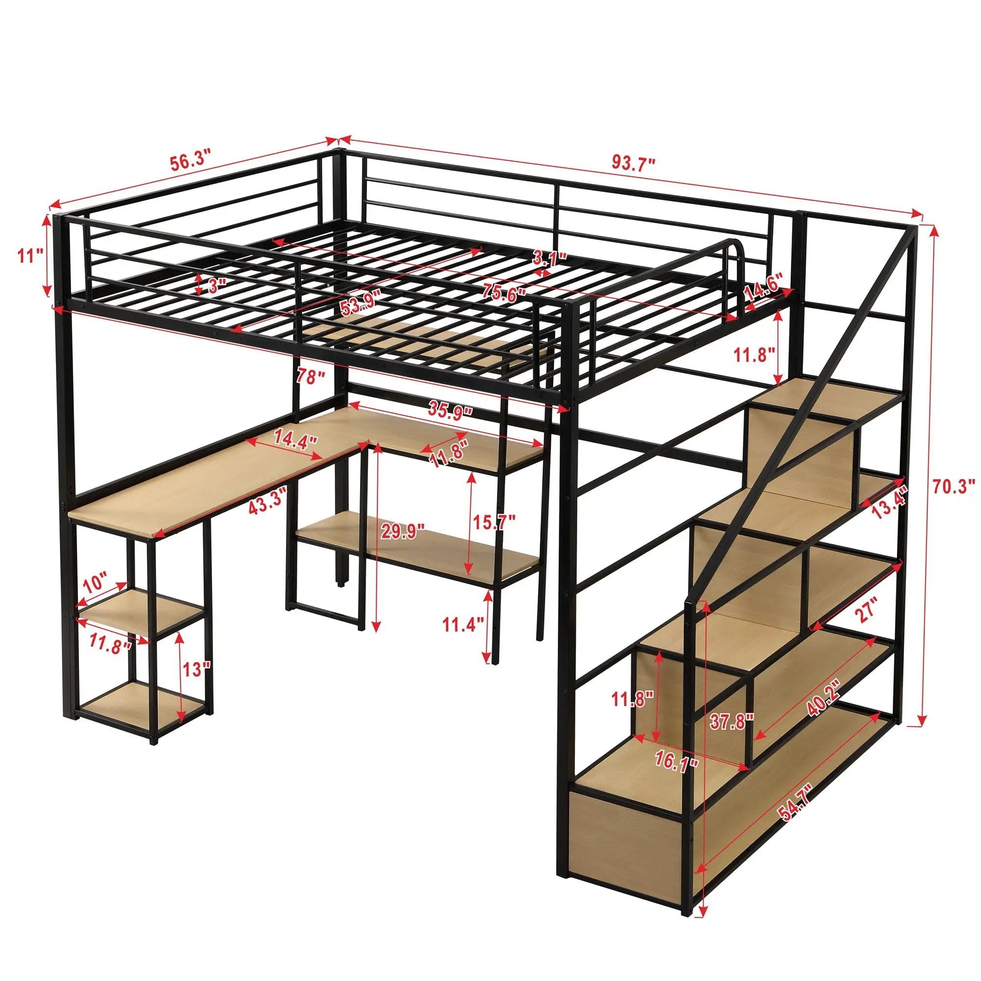 Full Size Loft Bed With Staircase, Built In Desk And Shelves And Sleeping Surface - Black by HouseOfZazla