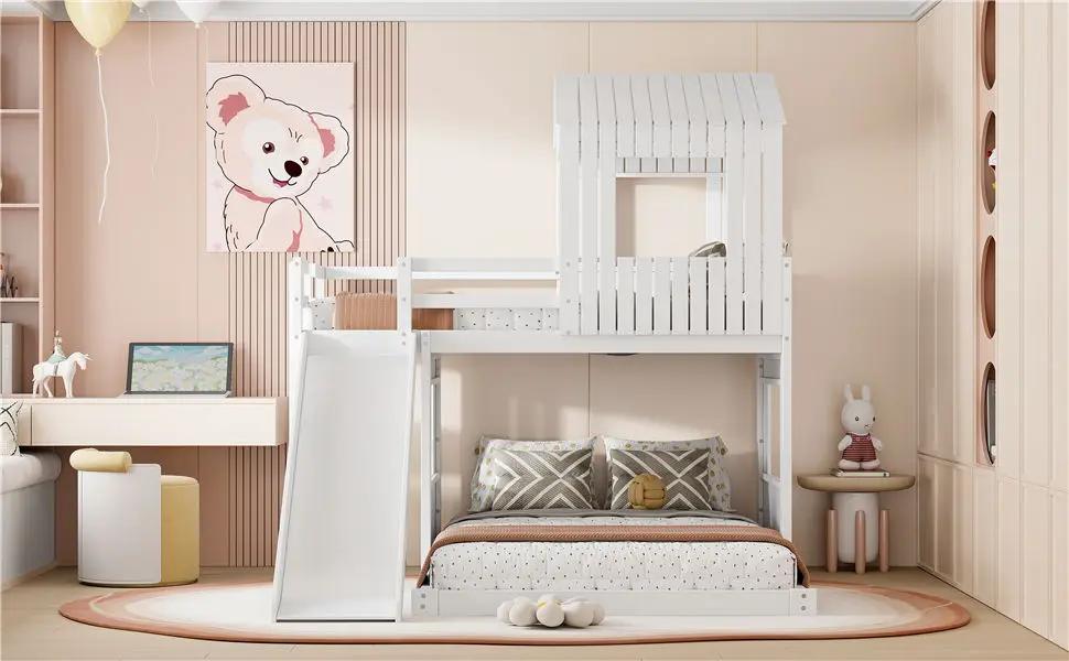 Loft Bunk Bed With Playhouse, Farmhouse, Ladder, Slide And Guardrails by HouseOfZazla