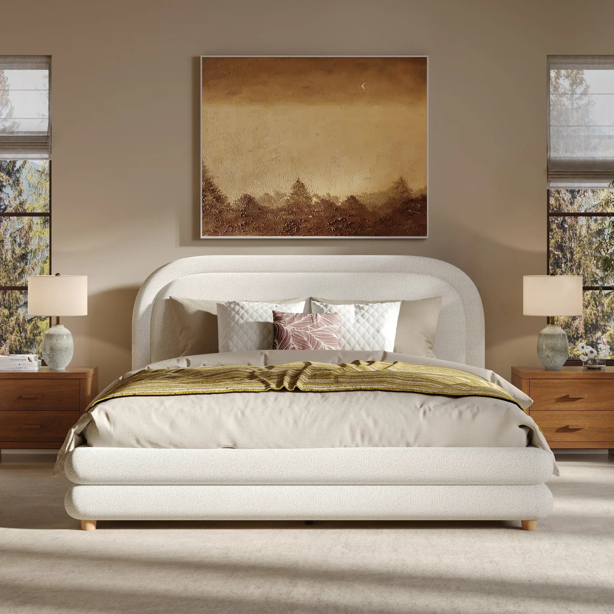Queen Size Bed Frame With Boucle Upholstered Thick Curved Headboard, Solid Wood Legs by HouseOfZazla