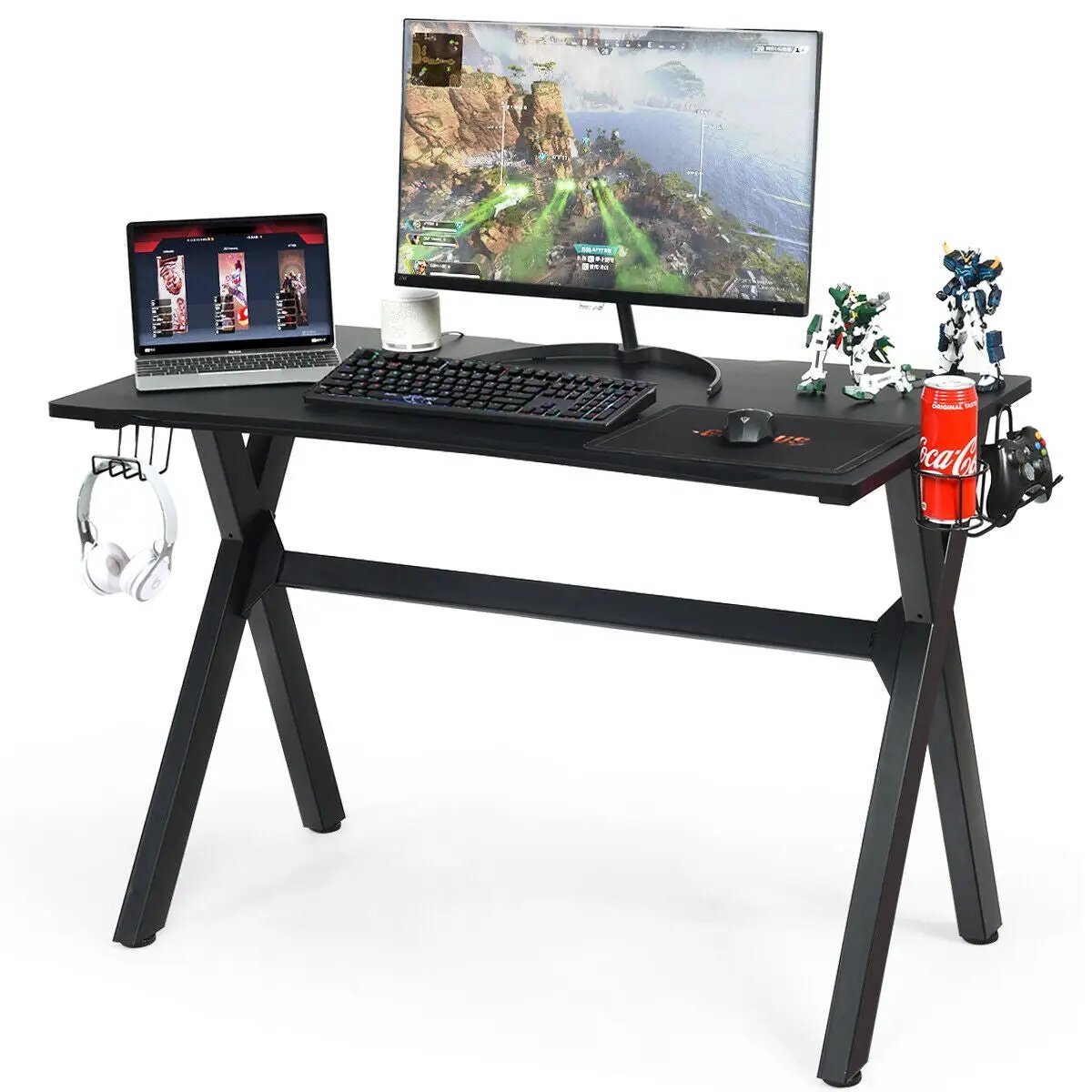 Ergonomic Gaming Desk with Mousepad and Cup Headphone Holder by DirectDeals
