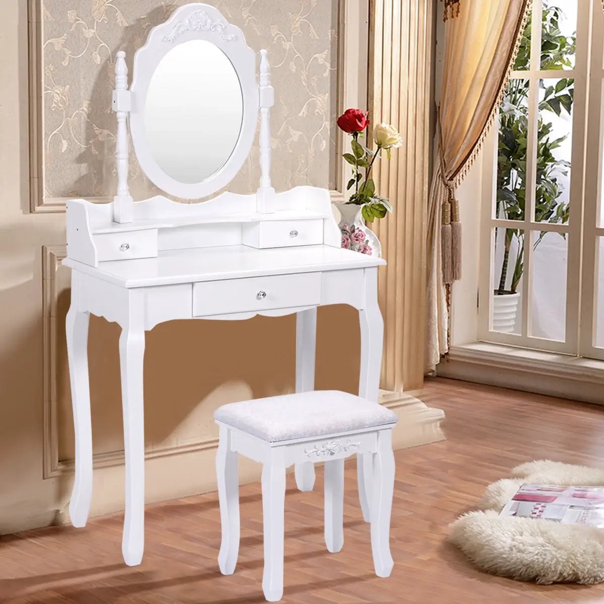 Vanity Table Set with Cushioned Stool with 360¬∞ Rotating Oval Mirror and Three Drawers-White by DirectDeals